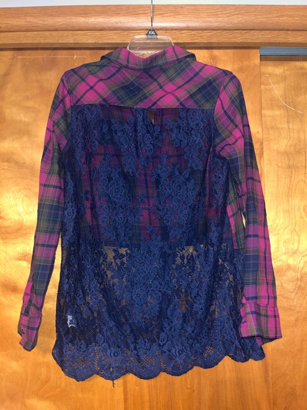 Plaid Button-Up Shirt with Navy Lace Hem and back - Picture 2 of 2
